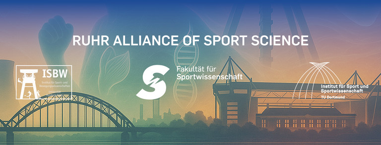 Vor der Silhouette einer sich bewegenden Person sind stilisierte Darstellungen der Universitätsstandorte Duisburg-Essen, Bochum und Dortmund sowie Landmarken der Region Ruhr arrangiert.